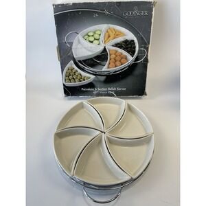 Godinger Modern Appetizer Serveware Porcelain 6 Section Relish Server Metal Rack